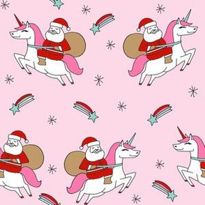 santa unicorn fabric - funny christmas fabric, unicorn christmas fabric, santa claus fabric, father christmas fabric, cute holiday design -  light pink