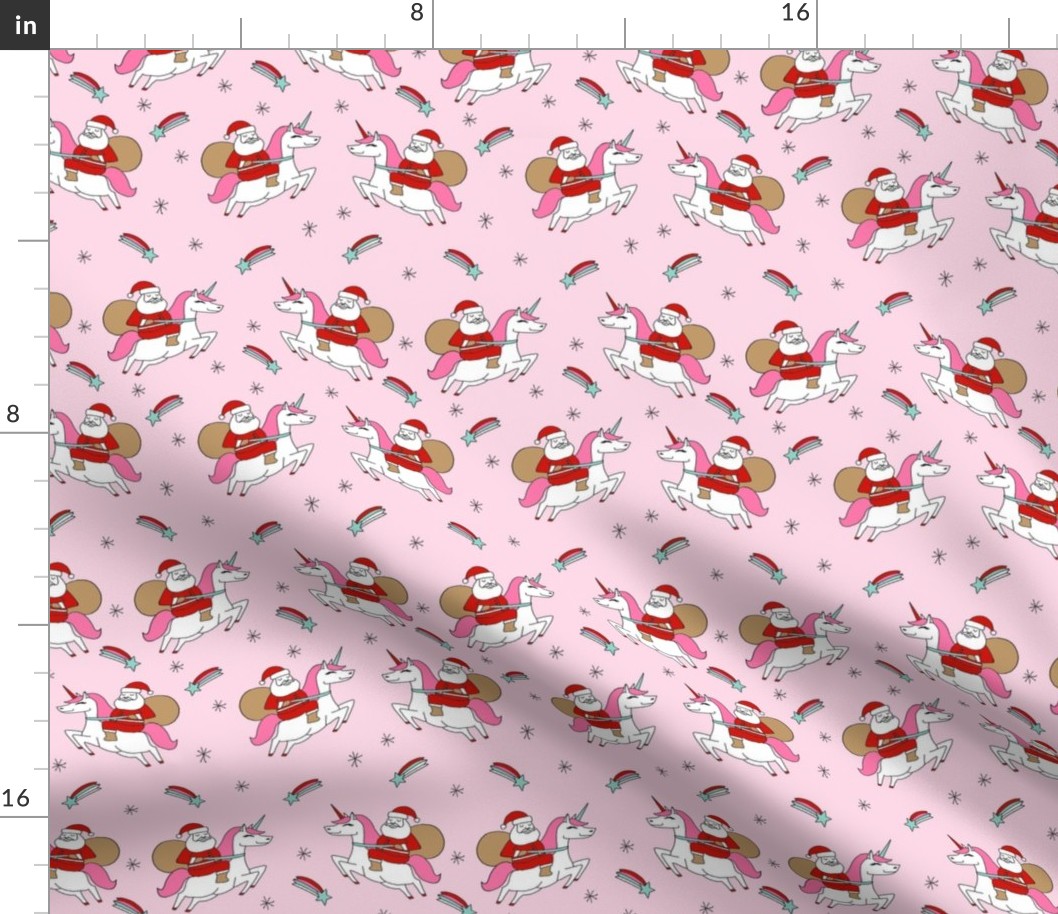 santa unicorn fabric - funny christmas fabric, unicorn christmas fabric, santa claus fabric, father christmas fabric, cute holiday design -  light pink