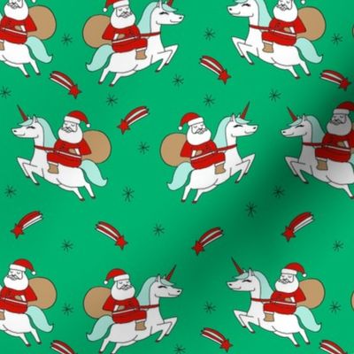 santa unicorn fabric - funny christmas fabric, unicorn christmas fabric, santa claus fabric, father christmas fabric, cute holiday design -  green