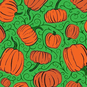 Orange + Green Pumpkin Patch with Textured Swirl Background // Fall Holiday Print Lovely for Halloween and Thanksgiving