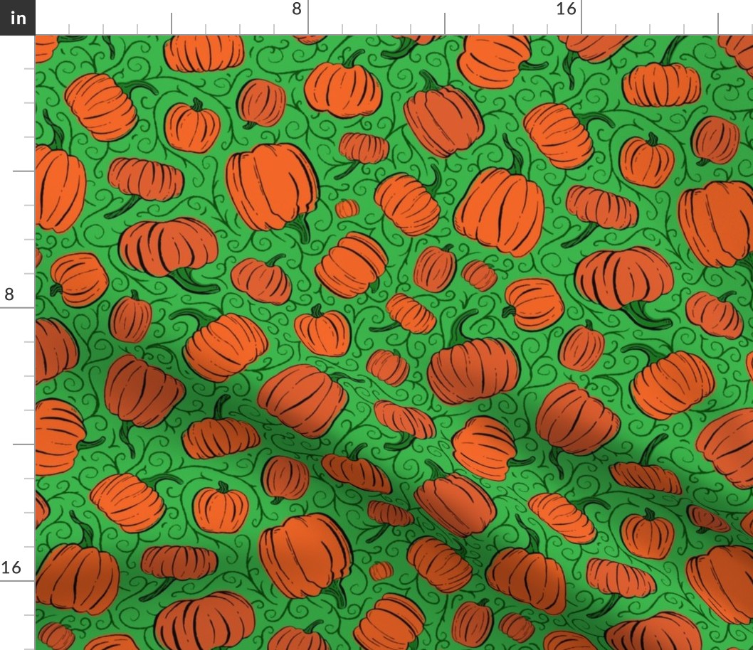 Orange + Green Pumpkin Patch with Textured Swirl Background // Fall Holiday Print Lovely for Halloween and Thanksgiving