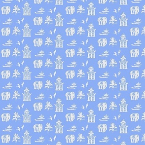 Periwinkle blue, white, elephants, pagodas, boyats, trees