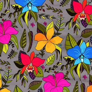 Tropical Floral On Grey (Small Version) 