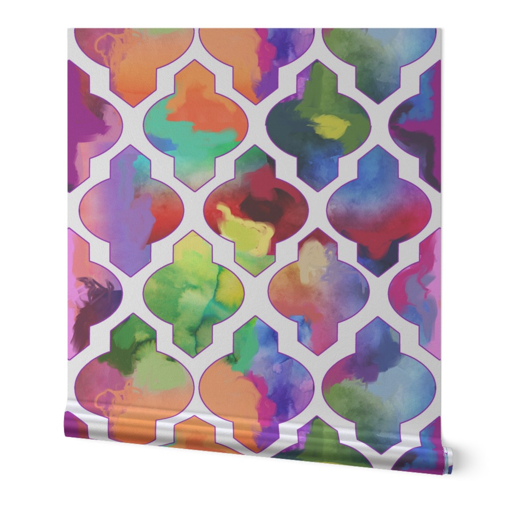 Rainbow Painted Moroccan Tile Ogee Pattern // White