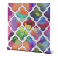 Rainbow Painted Moroccan Tile Ogee Pattern // White