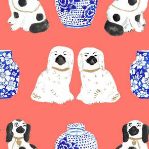 Staffordshire Dogs + Ginger Jars in Neon Peach Coral