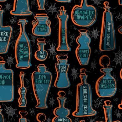 Animal Anatomy Potion Bottles with Spiders and Webs in Orange, Teal, Turquoise, and Gray on Black // Halloween Creepy Fun // Glass Containers with Silly Contents