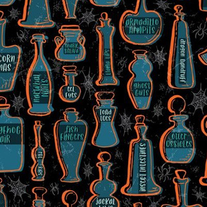 Animal Anatomy Potion Bottles with Spiders and Webs in Orange, Teal, Turquoise, and Gray on Black // Halloween Creepy Fun // Glass Containers with Silly Contents