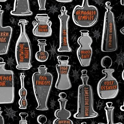 Animal Anatomy Potion Bottles with Spiders and Webs in Gray with Orange Accents on Black // Halloween Creepy Fun // Glass Containers with Silly Contents