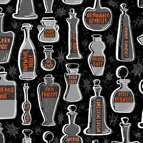 Animal Anatomy Potion Bottles with Spiders and Webs in Gray with Orange Accents on Black // Halloween Creepy Fun // Glass Containers with Silly Contents