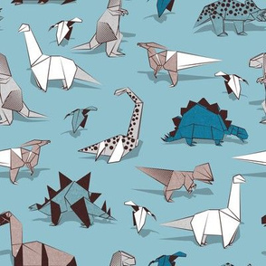 Small scale // Origami dino friends // spaced version // blue background paper white & blue dinosaurs