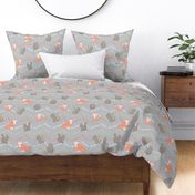 Woodlands creatures orange foxes and grey squirrels on grey chevron background