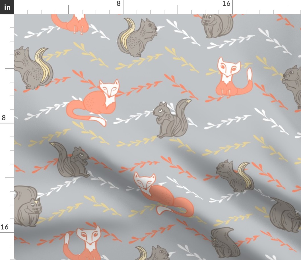 Woodlands creatures orange foxes and grey squirrels on grey chevron background