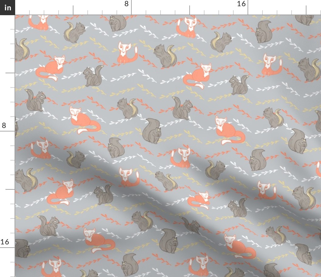 Woodlands creatures orange foxes and grey squirrels on grey chevron background