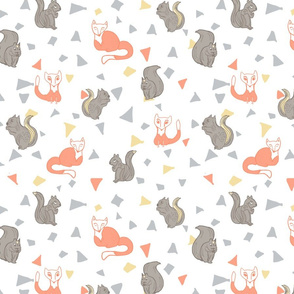 Woodlands creatures foxes and squirrels on triangle confetti background