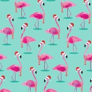 Christmas Flamingos - Watercolor on Aqua