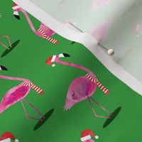 Christmas Flamingos - Watercolor on Green 