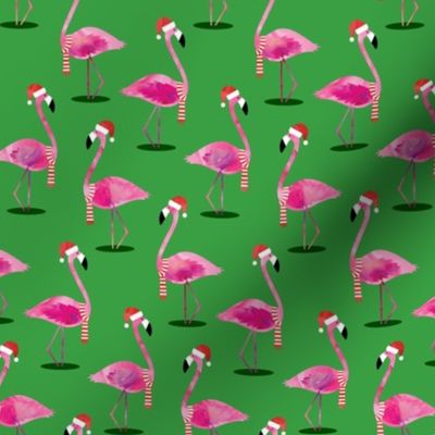 Christmas Flamingos - Watercolor on Green 