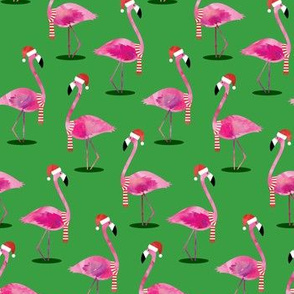 Christmas Flamingos - Watercolor on Green 