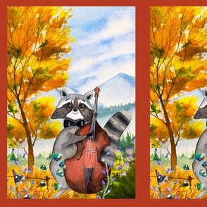 small THE CONTRABASSIST RACCOON  AUTUMN FOREST WOODLAND ANIMALS MUSIC ORCHESTRA PANEL FRAMED fall colors