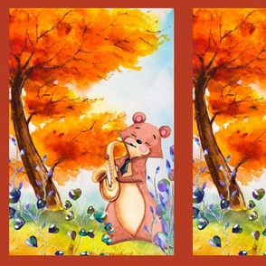 small THE SAXOPHONIST BEAR AUTUMN FOREST WOODLAND ANIMALS MUSIC ORCHESTRA PANEL FRAMED fall colors