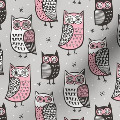 Owls Owl Woodland Fall Winter Black&White Pink on Grey