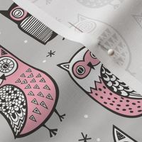 Owls Owl Woodland Fall Winter Black&White Pink on Grey