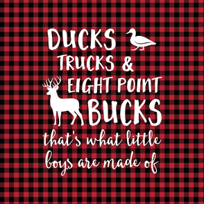(Crib sheet layout) Ducks, Trucks, and Eight Point Bucks - what little boys are made of - red and black buffalo plaid