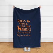 (Crib sheet layout) Ducks, Trucks, and Eight Point Bucks - what little boys are made of - navy and orange