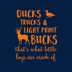 (Crib sheet layout) Ducks, Trucks, and Eight Point Bucks - what little boys are made of - navy and orange