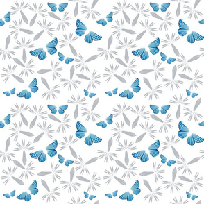 Blue Butterflies Gray Flowers on White