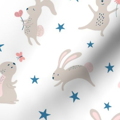 happy bunnies with stars - white
