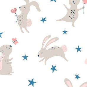 happy bunnies with stars - white
