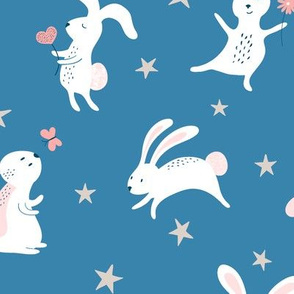 happy bunnies with stars - blue