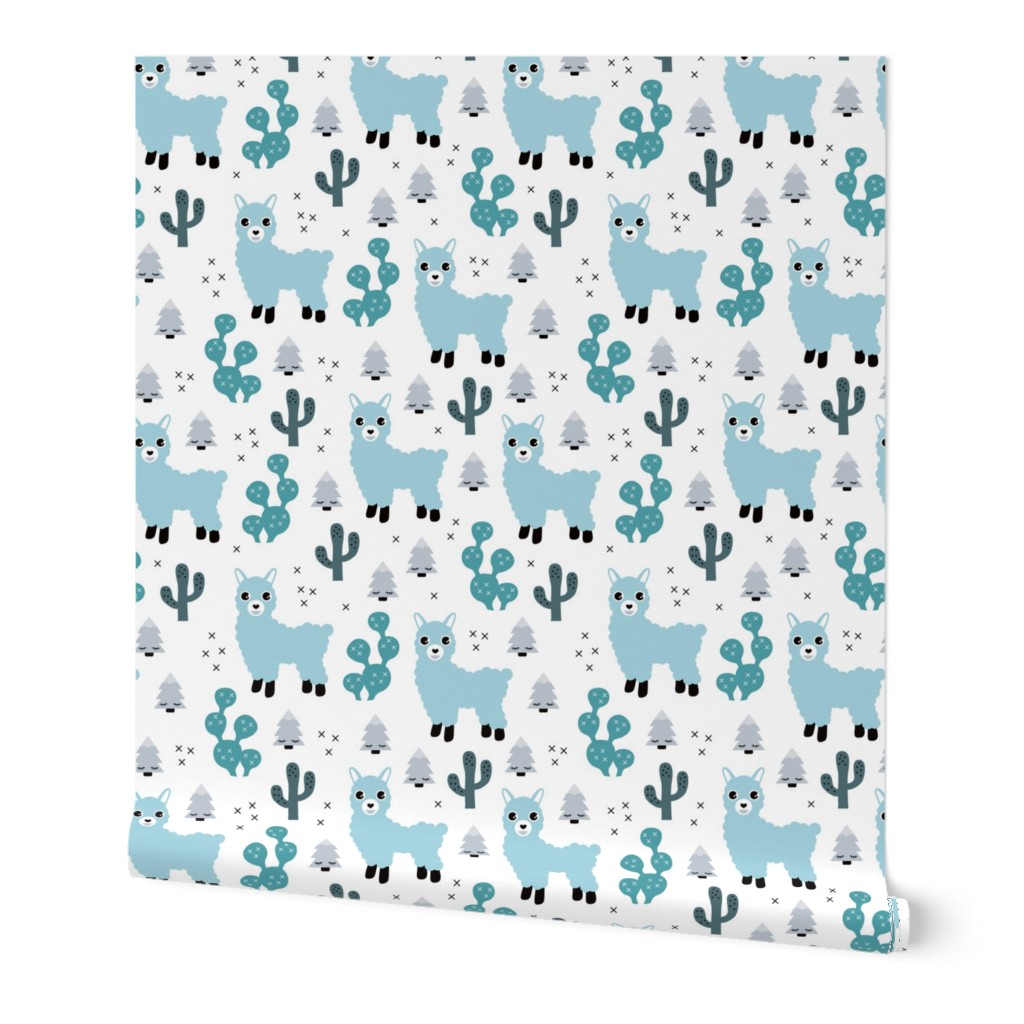 Christmas trees and seasonal llama holiday cactus tree print winter blue boys