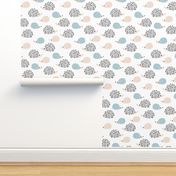 Scandinavian sweet hedgehog illustration for kids gender neutral black and white blue winter