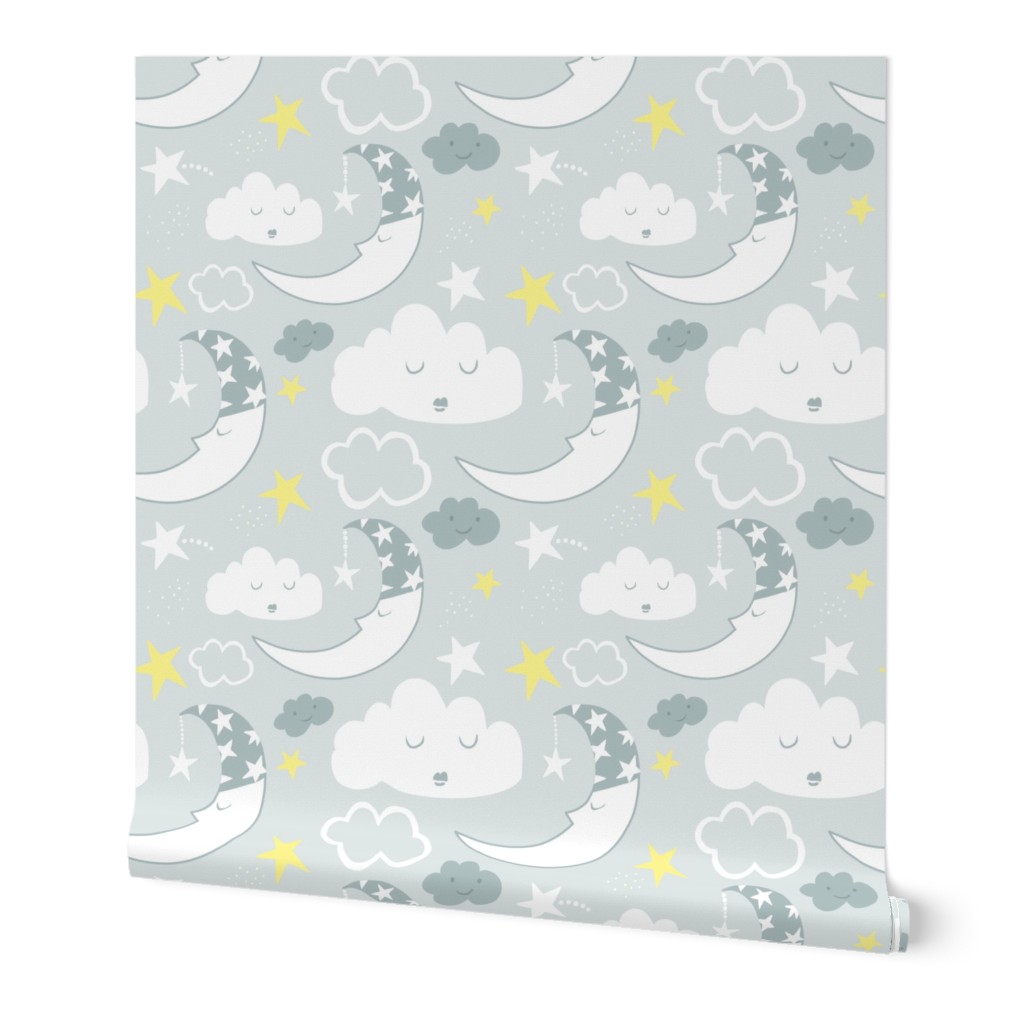 Medium - Baby Nursery Moon Clouds (pale Grey)