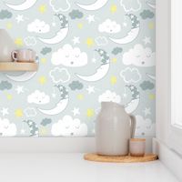 Medium - Baby Nursery Moon Clouds (pale Grey)