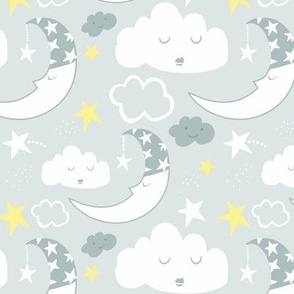 Medium - Baby Nursery Moon Clouds (pale Grey)