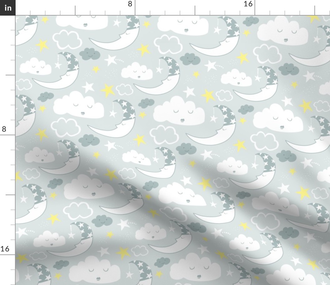 Medium - Baby Nursery Moon Clouds (pale Grey)