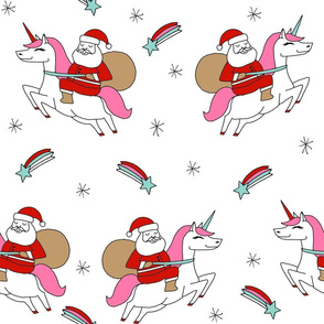 LARGE VERSION - santa unicorn fabric - funny christmas fabric, unicorn christmas fabric, santa claus fabric, father christmas fabric, cute holiday design - white