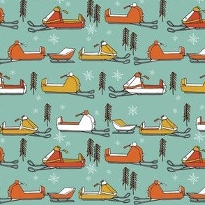 SMALL - snowmobiles fabric // vintage snowmobile illustration, winter outdoors snow fabric by andrea lauren - mustard, orange