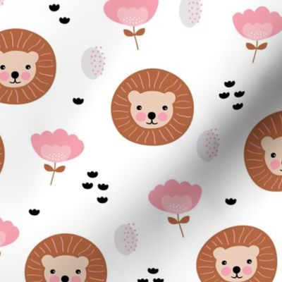 Cute kawaii lion cub safari flowers adorable baby animals illustration pattern girls white pink copper