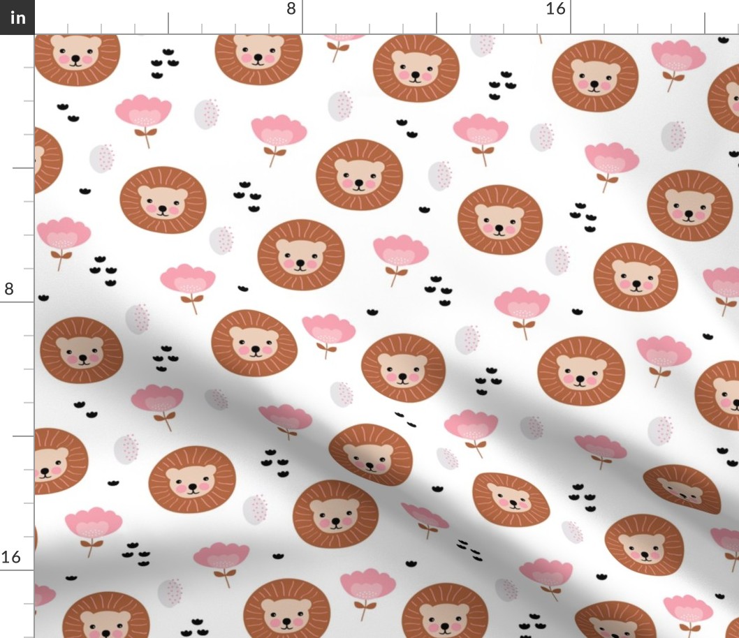 Cute kawaii lion cub safari flowers adorable baby animals illustration pattern girls white pink copper