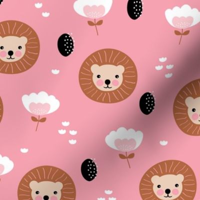 Cute kawaii lion cub safari flowers adorable baby animals illustration pattern girls pink copper