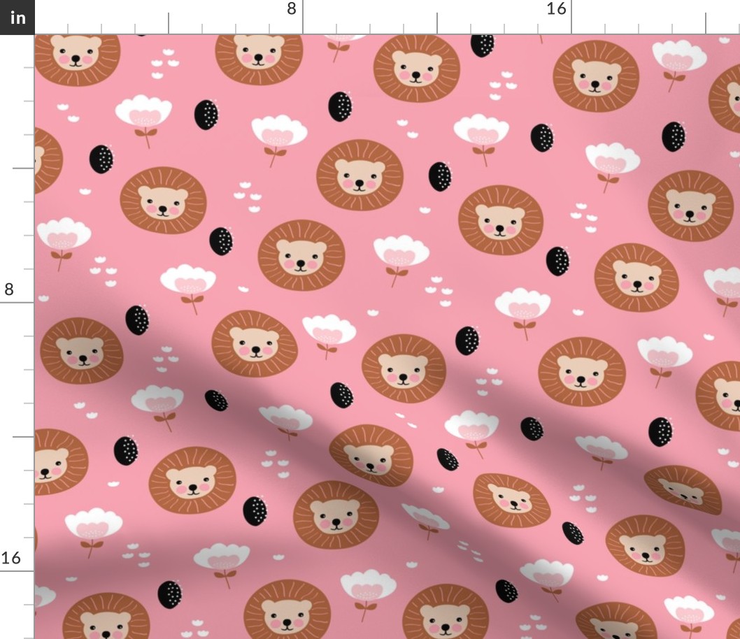 Cute kawaii lion cub safari flowers adorable baby animals illustration pattern girls pink copper