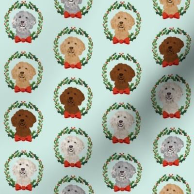 golden doodle christmas wreath // - christmas wreath fabric, dog fabric, christmas dog fabric, doodle fabric, golden doodle fabric, cute golden doodle dog, dogs, dog fabric - light blue