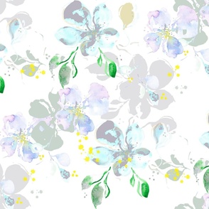 Watercolor pastel flowers blue and white.  Use the design for lingerie, bathroom wallpaper, duvet covers or crib bedding.