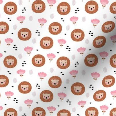 Cute kawaii lion cub safari flowers adorable baby animals illustration pattern girls white pink copper XS