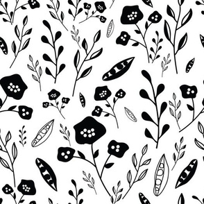 Black and white hand drawn flowers pattern